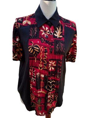 Vintage Red & Black Button-Up Shirt With Abstract Floral Print Size Small